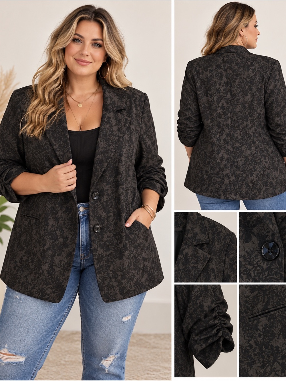 AVENUE | Black Floral Jacquard Notch-Lapel Blazer